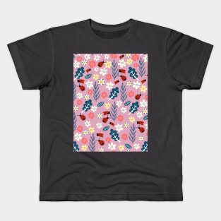 Spring meadow in bloom with ladybirds on dark pink background Kids T-Shirt